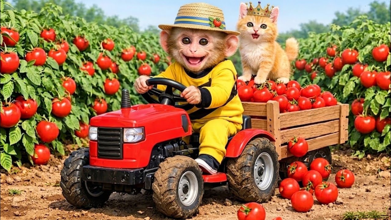 Monkey Ride Tractor Monkey Drives a Tractor to Harvest Tomatoes & Rescue a Kitten | Monkey ...
