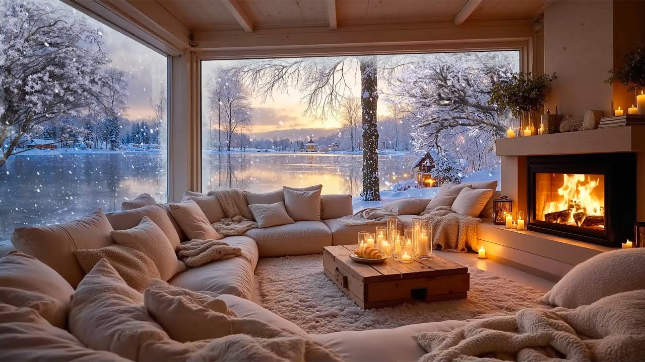 Smooth Jazz Instrumental Music in Cozy Winter Cabin Ambience ❄️ Fireplace Sounds & Snowfall to Sleep