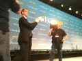 Adrian Dix and Mike Farnworth embrace at BC NDP convention