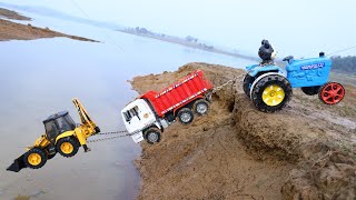 Jcb 5Cx Dump Truck Accident River Pulling Out Ford Tractor ? Tipper Truck | Jcb Cartoon | Cs Toy