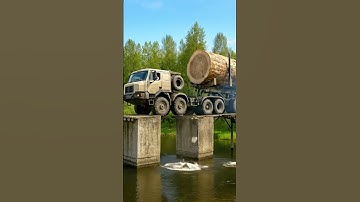 Unbelievable! Heavy Logging Truck Crosses a Broken Bridge 😱🌉🚛