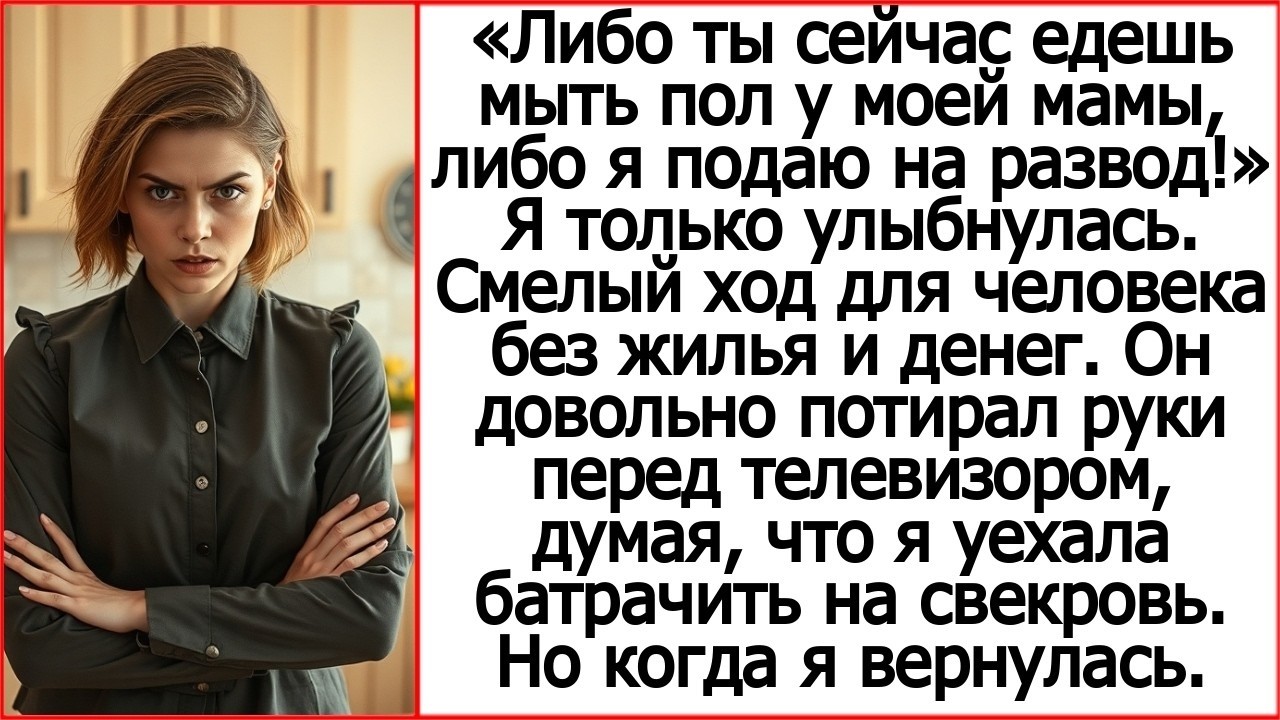 Либо ты сейчас едешь мыть пол у моей мамы, либо я подаю на развод! Заявил безработный муж.