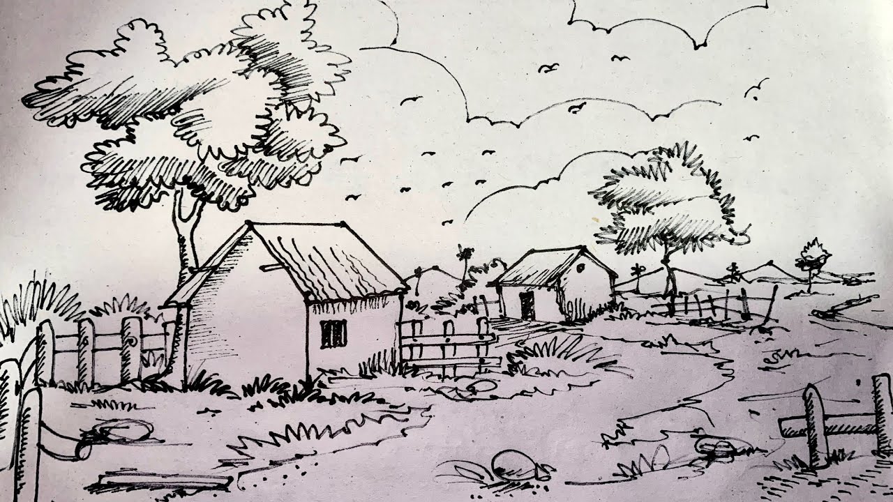 Village Sketch ✍🏽 Drawing | Black and White Sketch tutorial. 