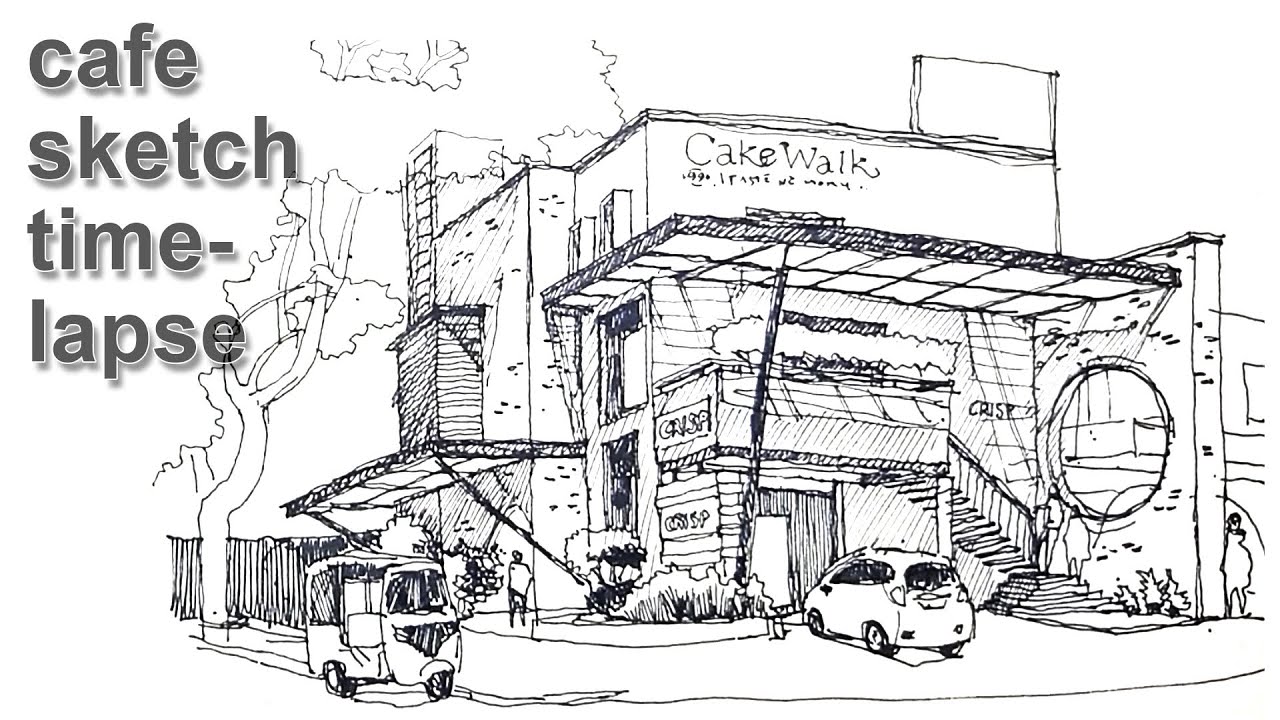Cafe Urban sketch pen and ink timelapse- CRISP cafe Chennai - YouTube