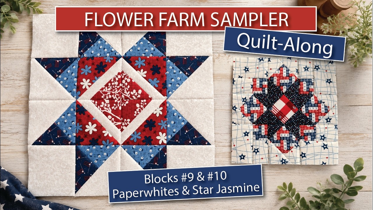 Welcome back to the Flower Farm Block of the Month Quilt-Along! 🌸

In this month’s tutorial we’re making Block 9 Paperwhites (make 2) & Block 10 Star Jasmine (make 3) of the beautiful Flower Farm quilt designed by Shelley Cavanna. 

I’ll walk you through each step, share my quilting tips, point out places to stay accurate, and help you build two more beautiful blocks with confidence. Whether you’re sewing along each month or catching up on previous blocks, I’m so glad you’re here!

This series is designed to help quilters of all skill levels enjoy the journey one block at a time. You must purchase the book to follow along. Links to the book are in my Amazon Storefront below.

If you’re quilting along, I’d love to know:
How are you coming with your blocks? Leave a comment below!

Don’t forget to Like, Subscribe, and click the notification bell so you won’t miss the next Flower Farm installment.

⸻

🌸 Flower Farm Quilt-Along Playlist

https://www.youtube.com/playlist?list=PL1O-0gcnLdtSoO0vwEXz1KQyieh2JqPPV

Products I Use & Recommend

🛍️ My Amazon Storefront (favorite quilting tools & studio equipment)
https://a.co/d/0gjxUKbw

⸻

Cabin Quilters
Website: https://cabinquilters.com

Patterns, Templates & Products:
https://cabinquilters.com/shop/

⸻

Moose & Squirrel Quilters Podcast

Join Terri and me each month for quilting conversations, inspiration, laughs, and plenty of quilting tips.

https://www.youtube.com/@moosesquirrelquilters
⸻

#FlowerFarm #FlowerFarmBOM #QuiltAlong #Quilting #CabinQuilters #ShelleyCavanna #FreeSpiritFabrics #QuiltBlocks #Patchwork #ModernQuilting #QuiltTutorial #Sewing #QuiltersOfYouTube #BlockOfTheMonth #QuiltPattern

TIMESTAMPS
00:00 Intro Fabric Pull
12:35 Block 9 Step 1
17:46 Step 2
20:23 Step 3
21:06 Step 4
22:04 Step 5 
23:40 Step 6 Block Assembly
24:52 Block 10 Step 1
27:06 Step 2
30:38 Step 3
31:53 Step 4 Block Assembly
33:04 Recap