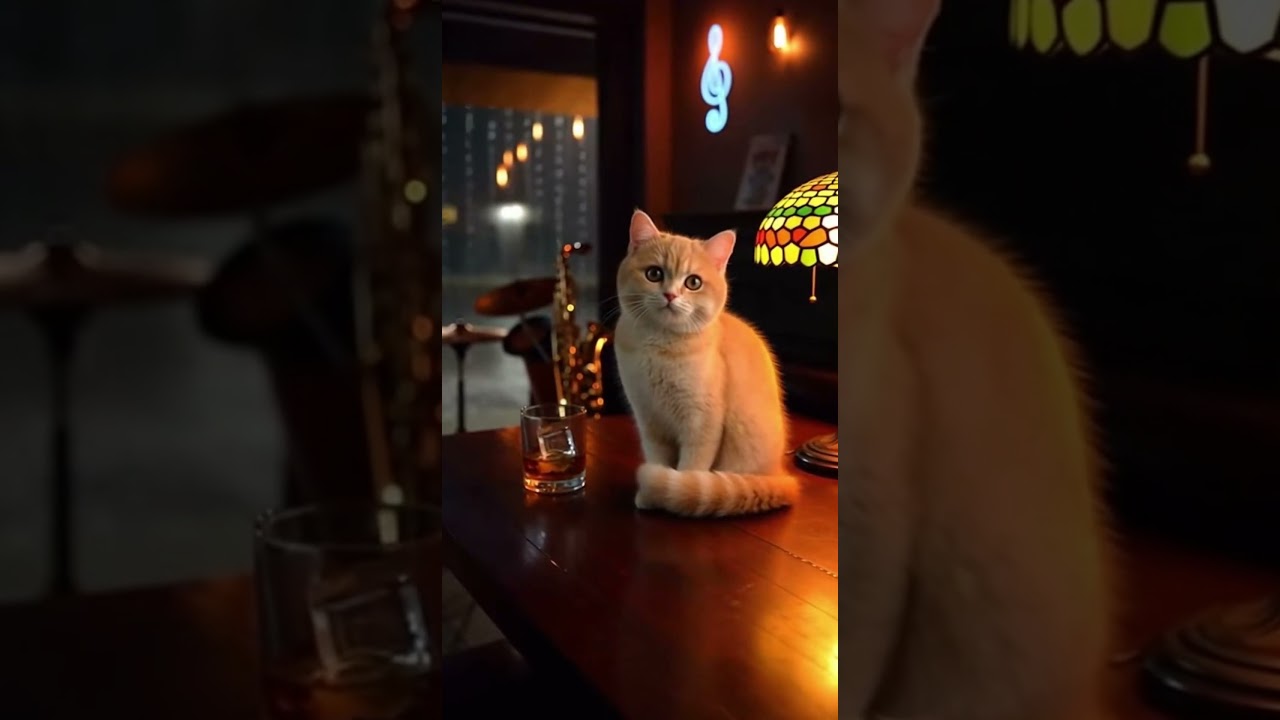 A Jazz Cat Standing on the Table, Looking at You Beside a Saxophone 🎷🐱👀｜テーブルの上に立ち、サックスのそばでこちらを見るジャズ猫
