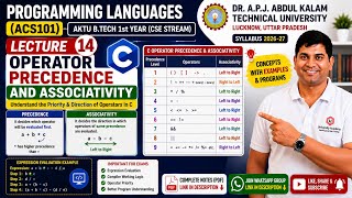 Operator Precedence & Associativity in C | Lecture 14 | Programming Languages (ACS101) | AKTU