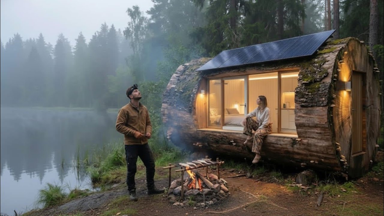Tiny Tree Trunk Cabin Built by a Misty Lake
