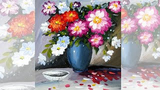 Acrylic Still Life flower vase painting / how to draw Still Life flower vase / flower vase on canvas