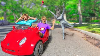 CHASED by POND MONSTER in TINY CAR!! (who is undercover as this mystery creature?)