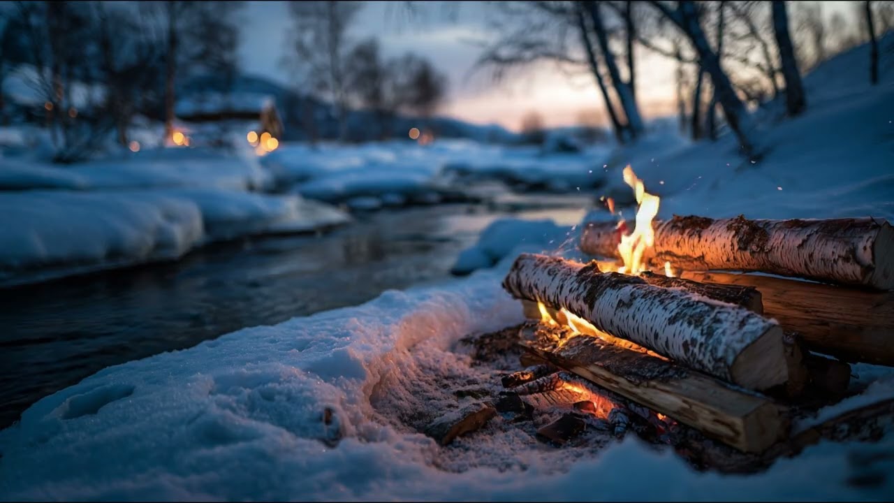 Snowy Campfire by the River 🔥 Cozy Winter Fire Sounds for Sleep & Relaxation (10 Hours)