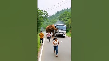 Terrified crowd flees as angry elephant attacks a bus deep in the forest — chaos on the road!