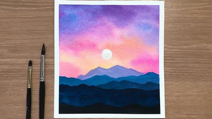 Watercolor Tutorial For Beginners Step by Step, Purple Sunset