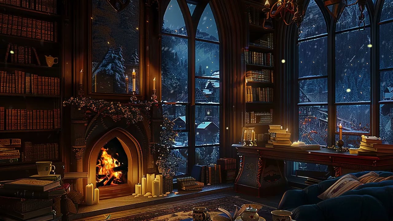 Grand Reading Room Winter Night | Ambient Focus Sound for Productivity Boost