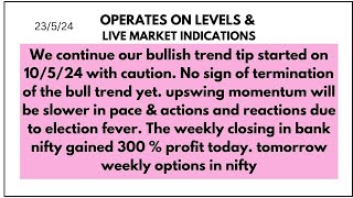 23/5/24 NIFTY, BANK NIFTY PREDICTIONS| PR-OPEN, Options, Investment Strategies| NIFTY UP BY 68 pts.