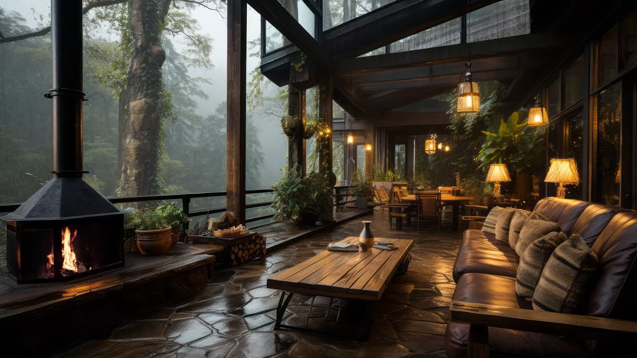 Guarda Soft Jazz Instrumental Background Music for Relief Stress, Relax - Forest Cabin Balcony on Rainy Day su YouTube