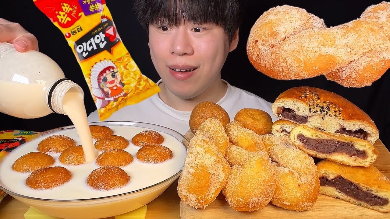 SUB) Корейское соевое молоко с пончиками мукбанг асмр