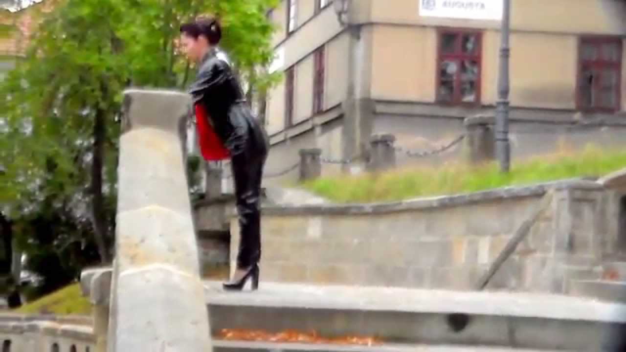 Walk in front of the church lack catsuit