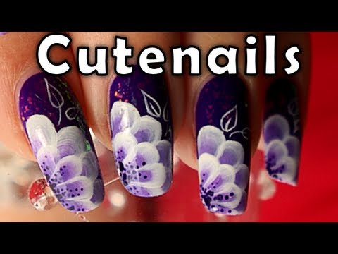 Cute purple flower nail art tutorial with one stroke technique - YouTube