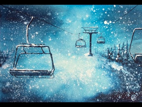 Watercolor and White Gouache Ski lifts Painting Demonstration 