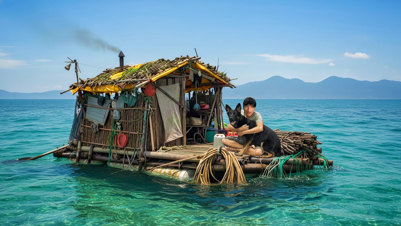 Trash Island Survival | Building a Floating Raft, Catching Seafood & Cooking with My Dog