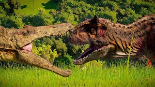 CARNOTAURUS vs SUCHOMIMUS vs BARYONYX BATTLE IN ISLA SORNA SITE B - Jurassic World Evolution 2