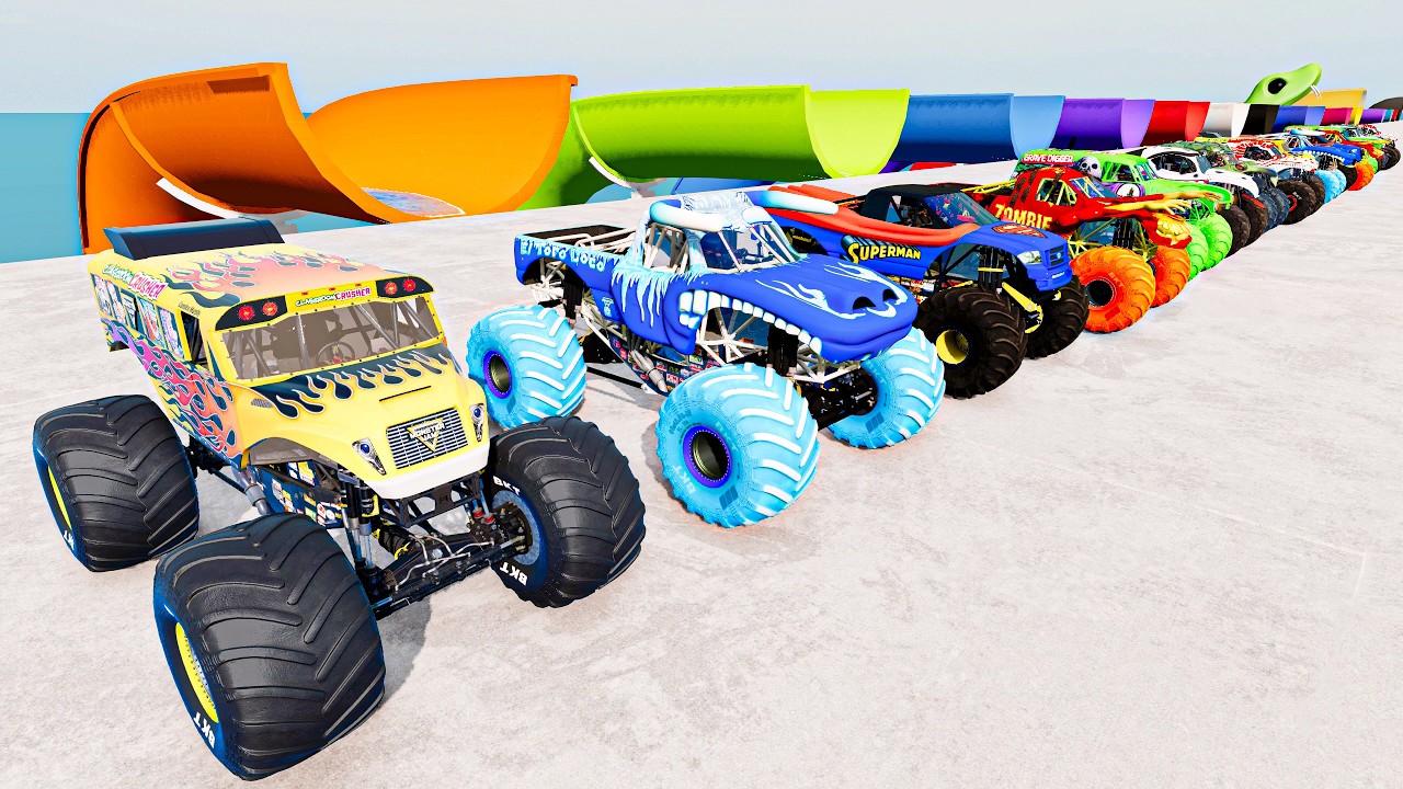 Monster Jam NEW Monster Trucks High Speed Water Slides Jumps Rollovers Fails Crashes