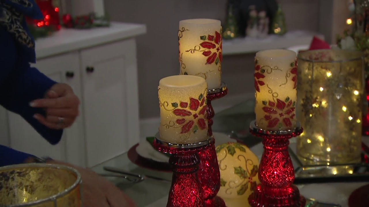 S/3 Poinsettia Embossed Flameless Candles by Valerie on QVC YouTube