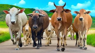 Aksi Puluhan Sapi Menuruni bukit hijau, Suara sapi Moo, Kawanan Sapi lucu berjalan menuju ladang