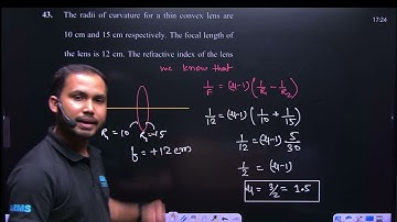 The radii of curvature for a thin convex lens are 10 cm and 15 cm respectively. The focal length of