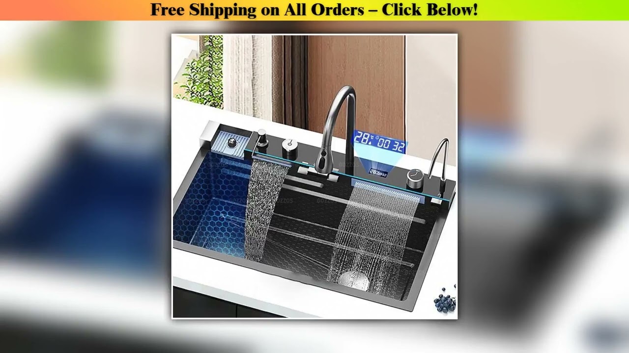Multifunctional Kitchen Waterfall Sink Digital Display Large Single Gray Sink Dish Basin Sink 304