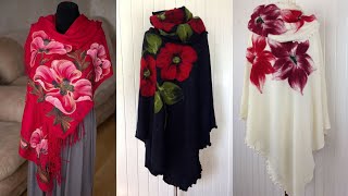 very interesting and attractive hand painting scarf/big flowers painting and print evening poncho