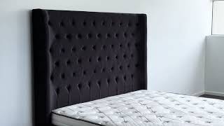 Black Aspen King Bed Frame Studded Fabric Plush Velvet Upholstered Tall Headboard Tufts