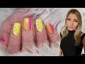 Easy Vertical ombre natural nails with lemon nail art. Fiber gel in bottle application tutorial