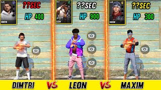 LEON VS MAXIM VS DIMITRI ABILITY TEST IN FREE FIRE | LEON CHARACTER ABILITY TEST | GARENA FREE FIRE