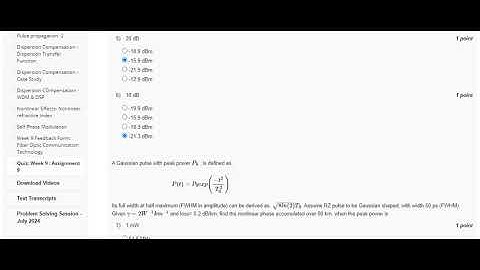 NPTEL Fiber Optic Communication Technology Week 9 Assignment 9 September 2024