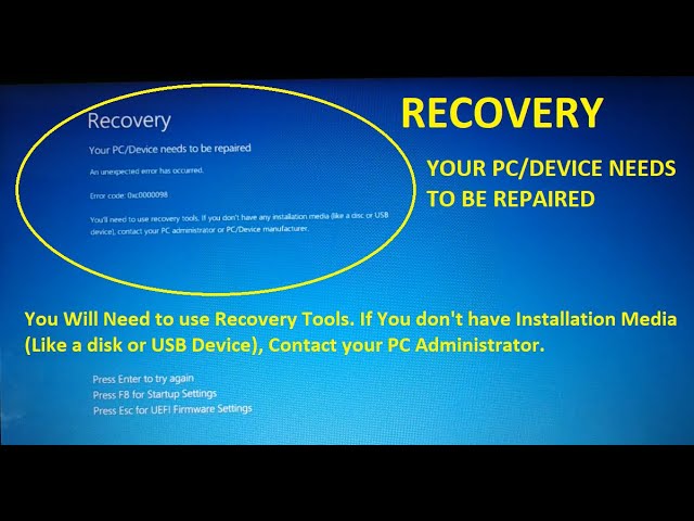 Recovery Your Pc Devices Need To Be Repaired Windows 10 Installation Error Youtube