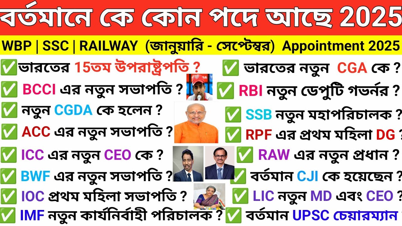 বর্তমানে কে কোন পদে আছেন 2025 | Appointment 2025 Current Affairs In Bengali | গুরুত্বপূর্ণ নিয়োগ 