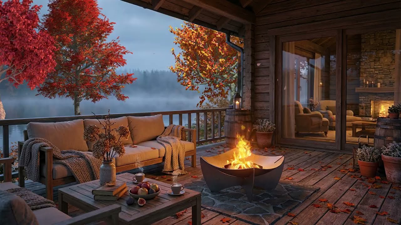 Cozy Autumn Porch Ambience 🍂🔥 Crackling Fire & Gentle Lake Fog (No Music)