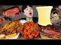 ASMR MUKBANG 불닭파스타 & 치즈 퐁듀 & 스테이크 FIRE PASTA & FRIED CHICKEN & CHEESE STICK EATING SOUND!