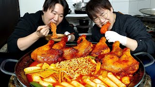 COOKING & MUKBANG | Spicy Tteokbokki, Smoked Chicken Legs, Fish Cakes & Noodles ! Eating Sound screenshot 4