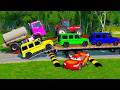 TRANSPORTING PIXAR CARS &amp; FRUITS WITH COLORED &amp; JOHN DEERE vs CLAAS vs TRACTORS - BeamNG.drive #!