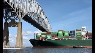 (4K) TAIPEI TRIUMPH: Evergreen Container ship in Baltimore Maryland under Francis Scott Key Bridge.