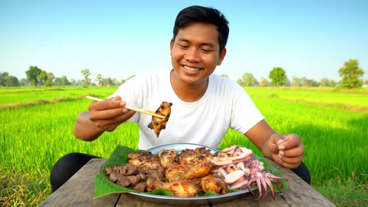 Relaxing Countryside Life: Traditional BBQ Mukbang in the Rice Fields