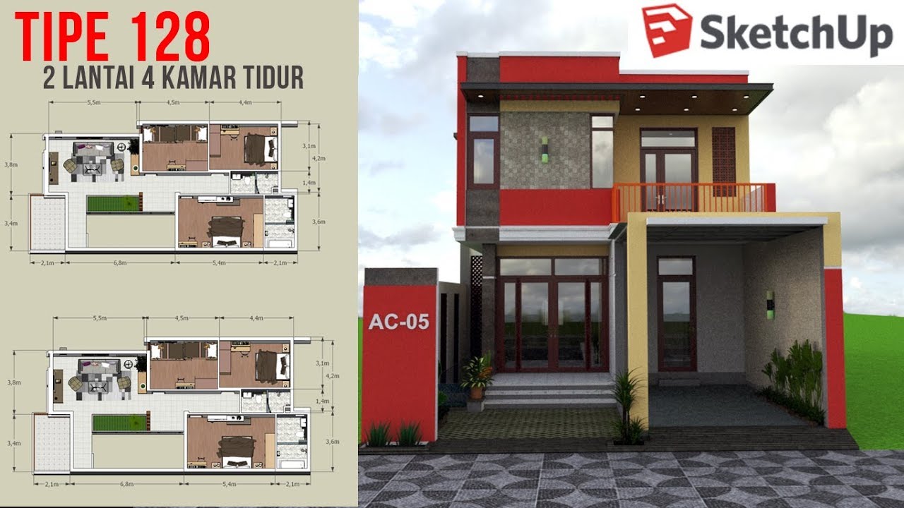 Desain Rumah Tipe 128 2 Lantai 4 Kamar Di Lahan 8x20 Meter Sketchup YouTube
