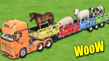 TRANSPORT OF COLORS ! HORSE , PIG , SHEEP , COW ! Animals on LOW LOADER ! Farming Simulator 22
