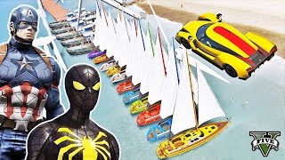 SUPER CARROS com Homem Aranha, Capitão América e Heróis! Desafio de Saltos sobre Barcos - GTA V MODS