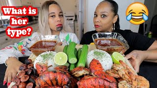 LOBSTER TAILS, SAUSAGE, RICE CUCUMBER MUKBANG WITH MY LEAST FAVORITE COUSIN!