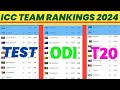 Icc team ranking 2024 top 10 t20 odi test team ranking 2024