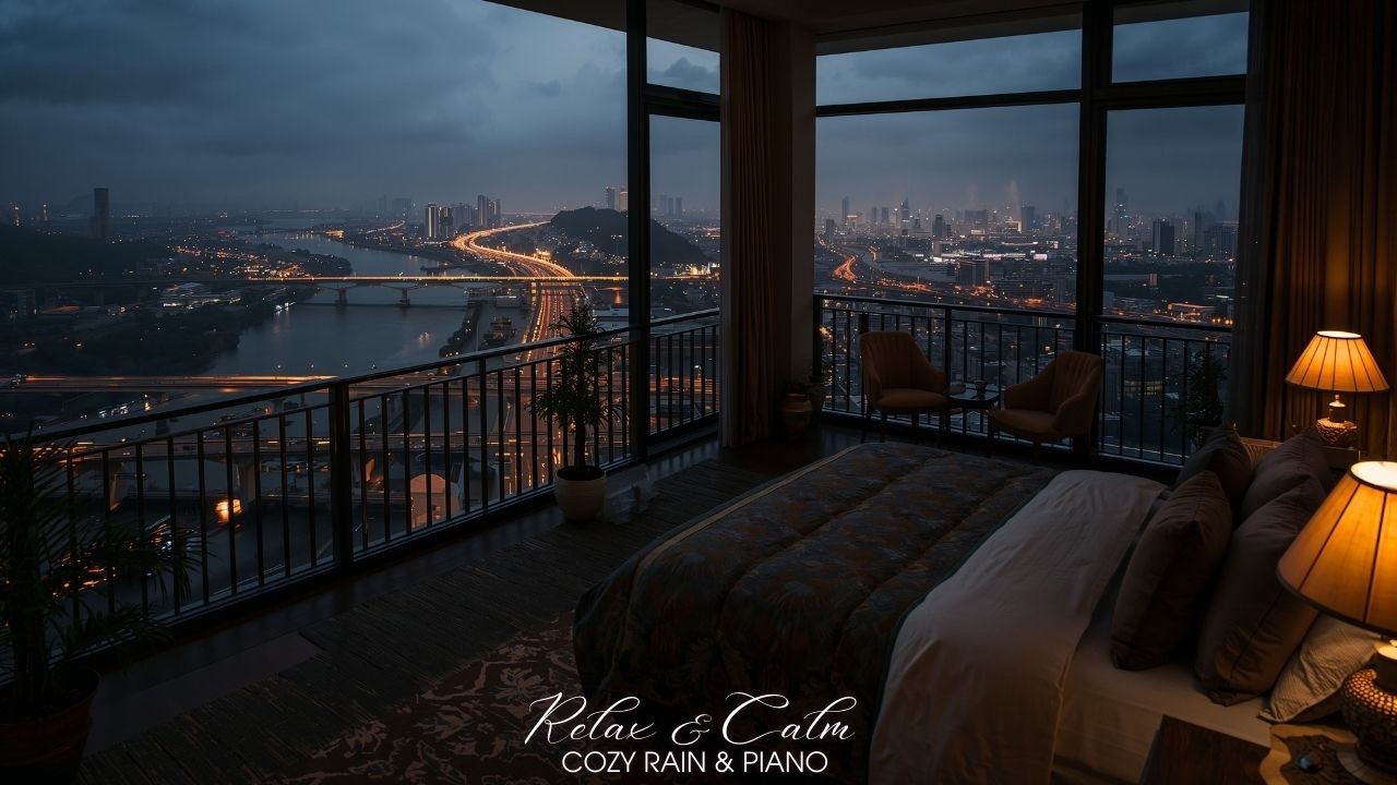 Rainy City Night & Soft Piano 🌧️🎹 | River & Highway Lights | Deep Sleep 24/7
